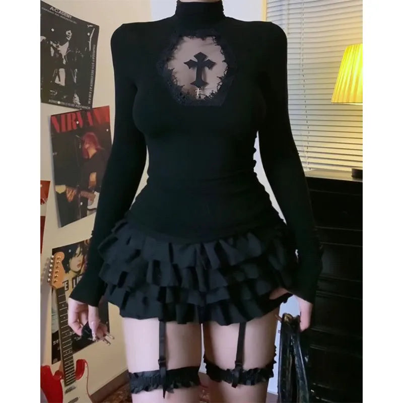 Women Turtleneck Gothic Dark Cross Hollow Out T-shirts Long Sleeve Black Casual Slim Fit Pullovers Harajuku See Through Y2K Tops