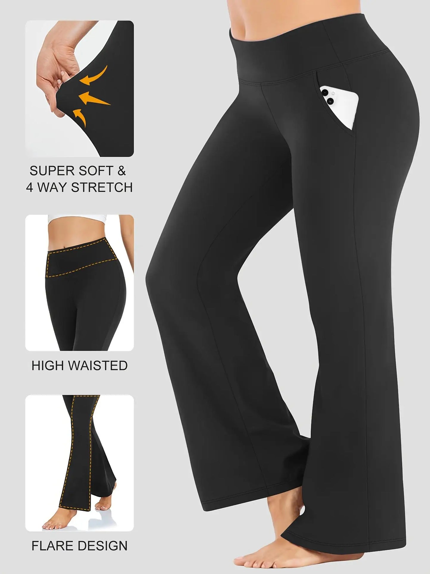Women's Black High-Waisted Flared Pants - Soft Elastic Warm Trousers with Pockets, Comfortable Fit, Elegant Design, Casual Wear
