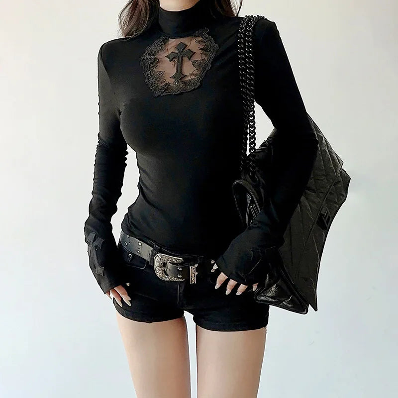 Women Turtleneck Gothic Dark Cross Hollow Out T-shirts Long Sleeve Black Casual Slim Fit Pullovers Harajuku See Through Y2K Tops