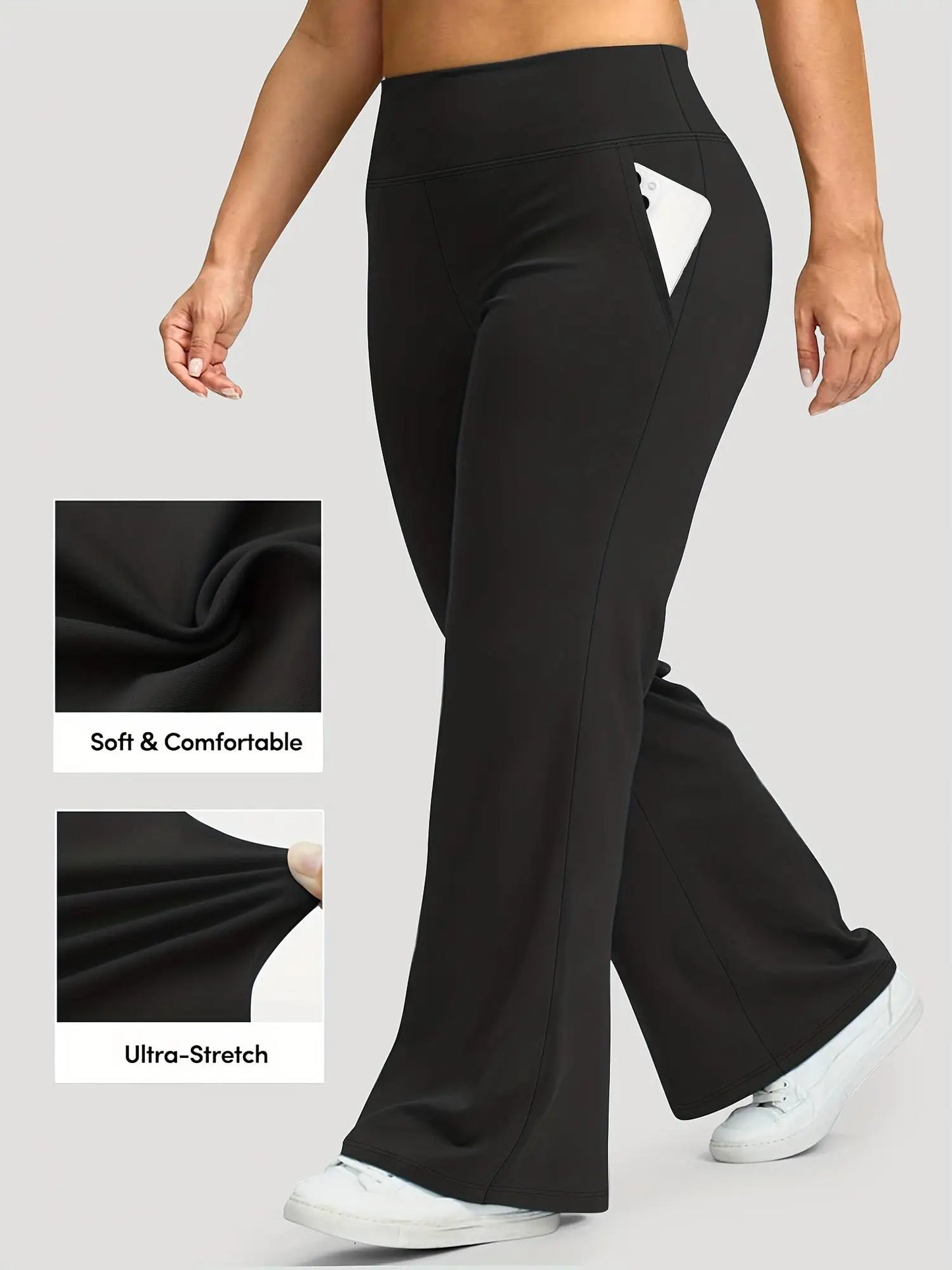 Women's Black High-Waisted Flared Pants - Soft Elastic Warm Trousers with Pockets, Comfortable Fit, Elegant Design, Casual Wear