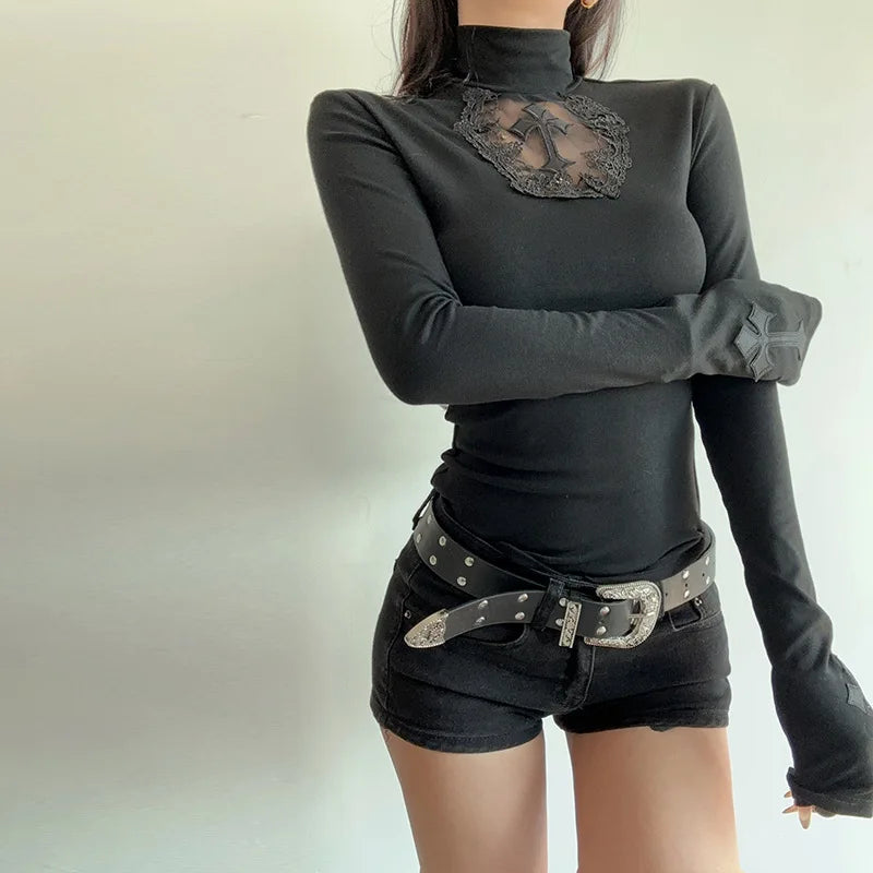 Women Turtleneck Gothic Dark Cross Hollow Out T-shirts Long Sleeve Black Casual Slim Fit Pullovers Harajuku See Through Y2K Tops