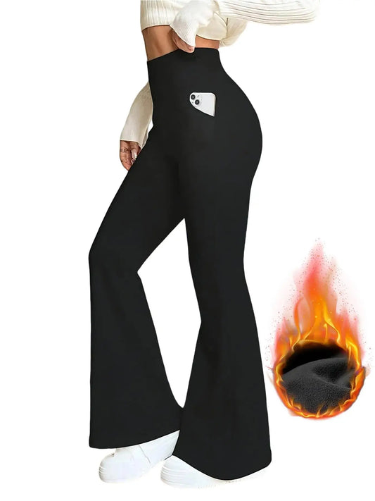 Women's Black High-Waisted Flared Pants - Soft Elastic Warm Trousers with Pockets, Comfortable Fit, Elegant Design, Casual Wear