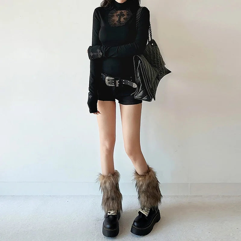 Women Turtleneck Gothic Dark Cross Hollow Out T-shirts Long Sleeve Black Casual Slim Fit Pullovers Harajuku See Through Y2K Tops