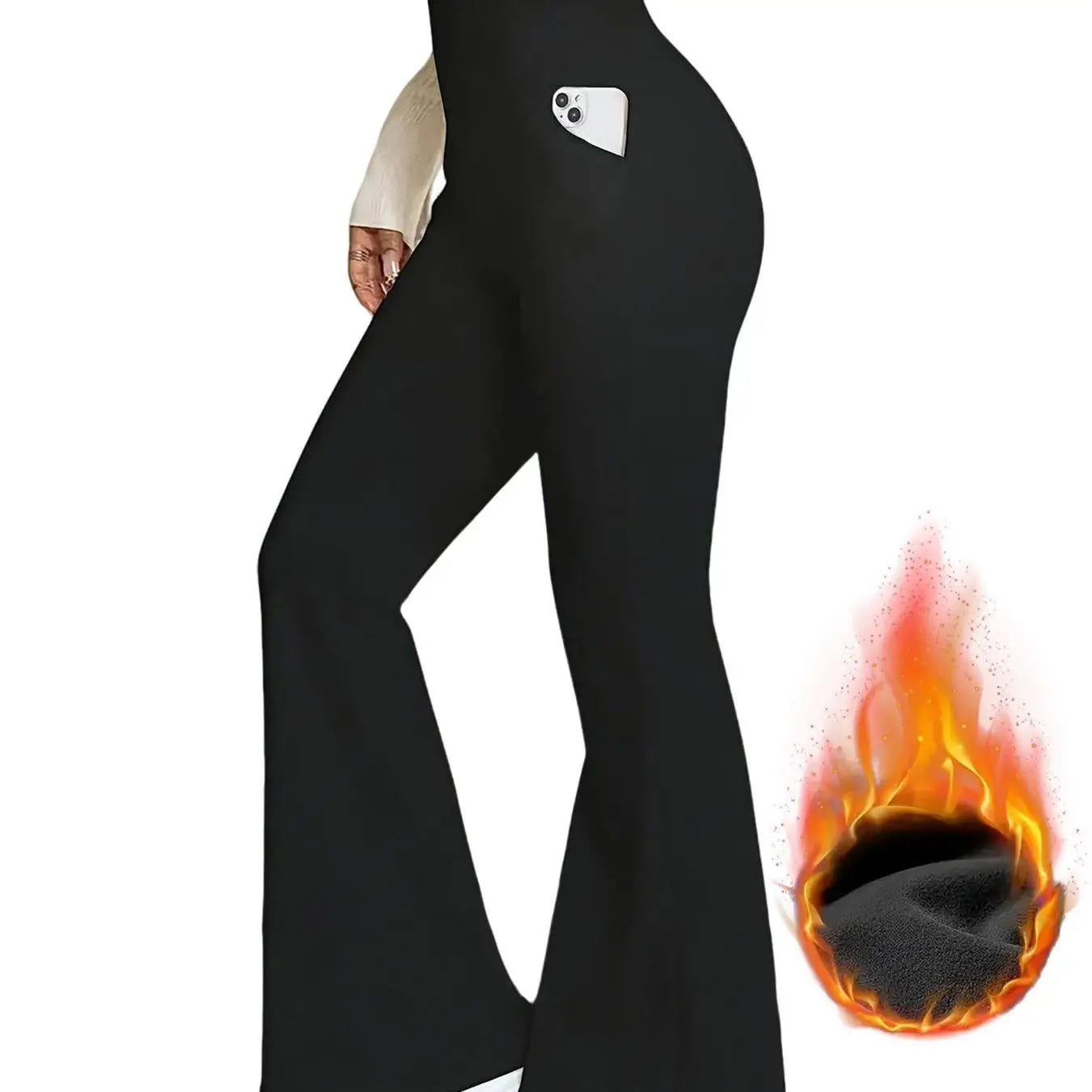 Women's Black High-Waisted Flared Pants - Soft Elastic Warm Trousers with Pockets, Comfortable Fit, Elegant Design, Casual Wear