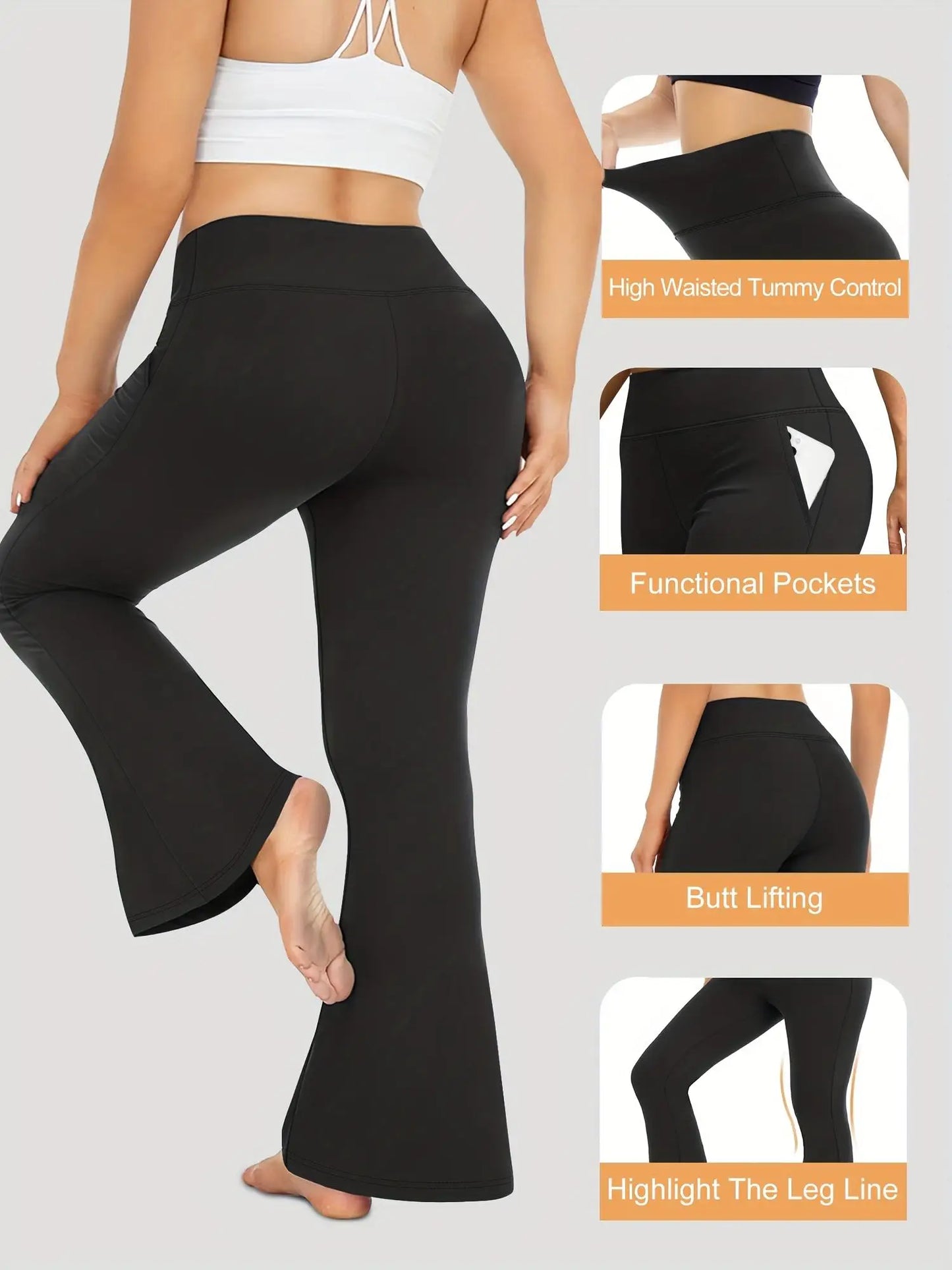 Women's Black High-Waisted Flared Pants - Soft Elastic Warm Trousers with Pockets, Comfortable Fit, Elegant Design, Casual Wear