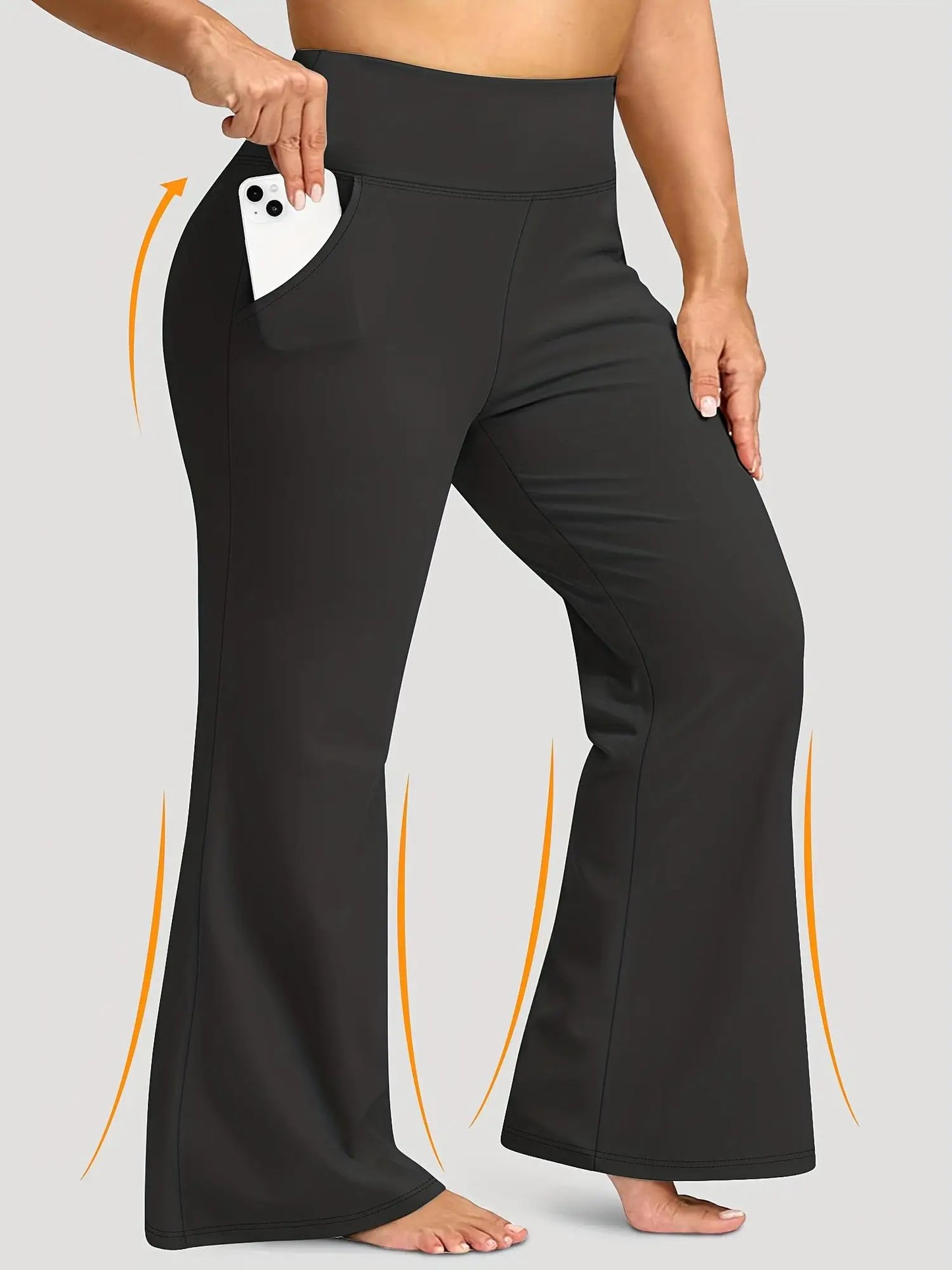 Women's Black High-Waisted Flared Pants - Soft Elastic Warm Trousers with Pockets, Comfortable Fit, Elegant Design, Casual Wear