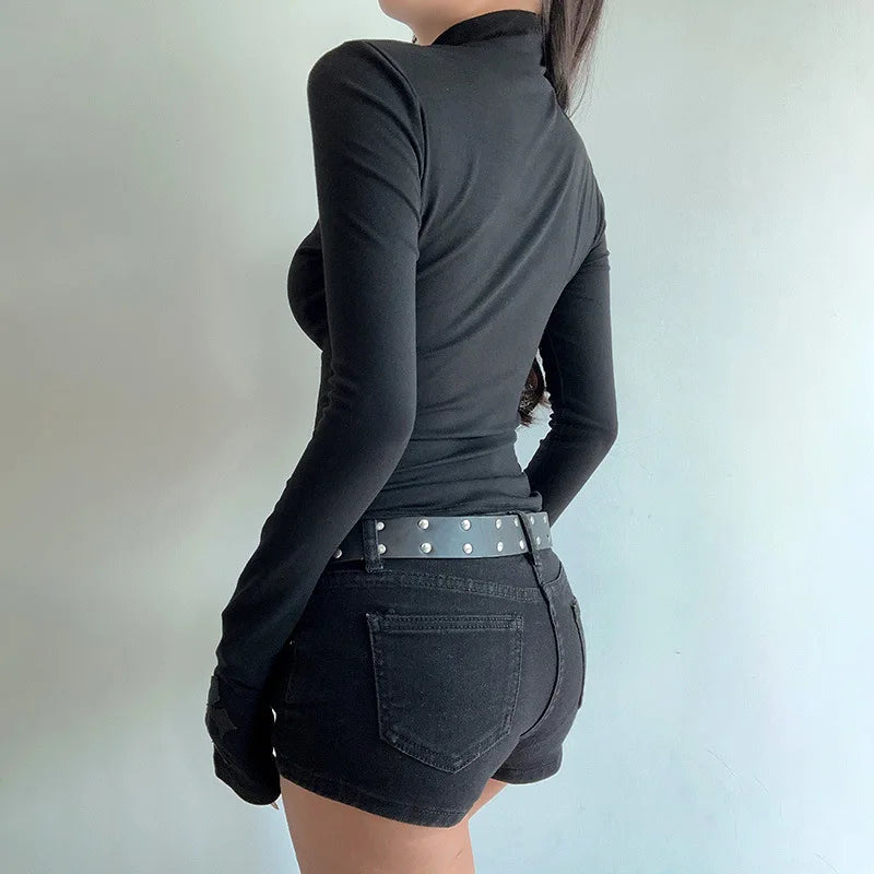 Women Turtleneck Gothic Dark Cross Hollow Out T-shirts Long Sleeve Black Casual Slim Fit Pullovers Harajuku See Through Y2K Tops