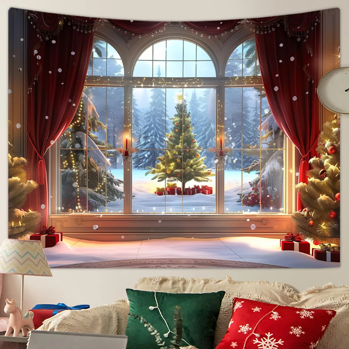 1pc Christmas tapestry, snow background banner outside the Christmas tree window, Christmas fireplace tapestry