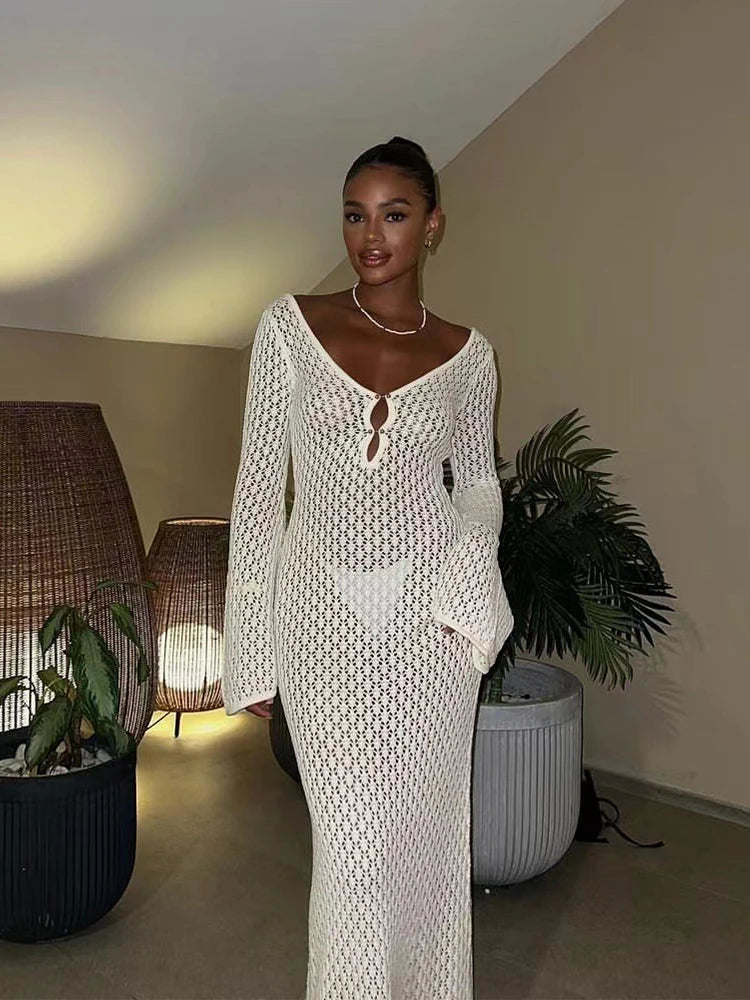 Women's Openwork Knitted Long Dresses 2024 Summer Beach V-Neck Backless Maxi Dress Bikini Cover-ups Beachwear