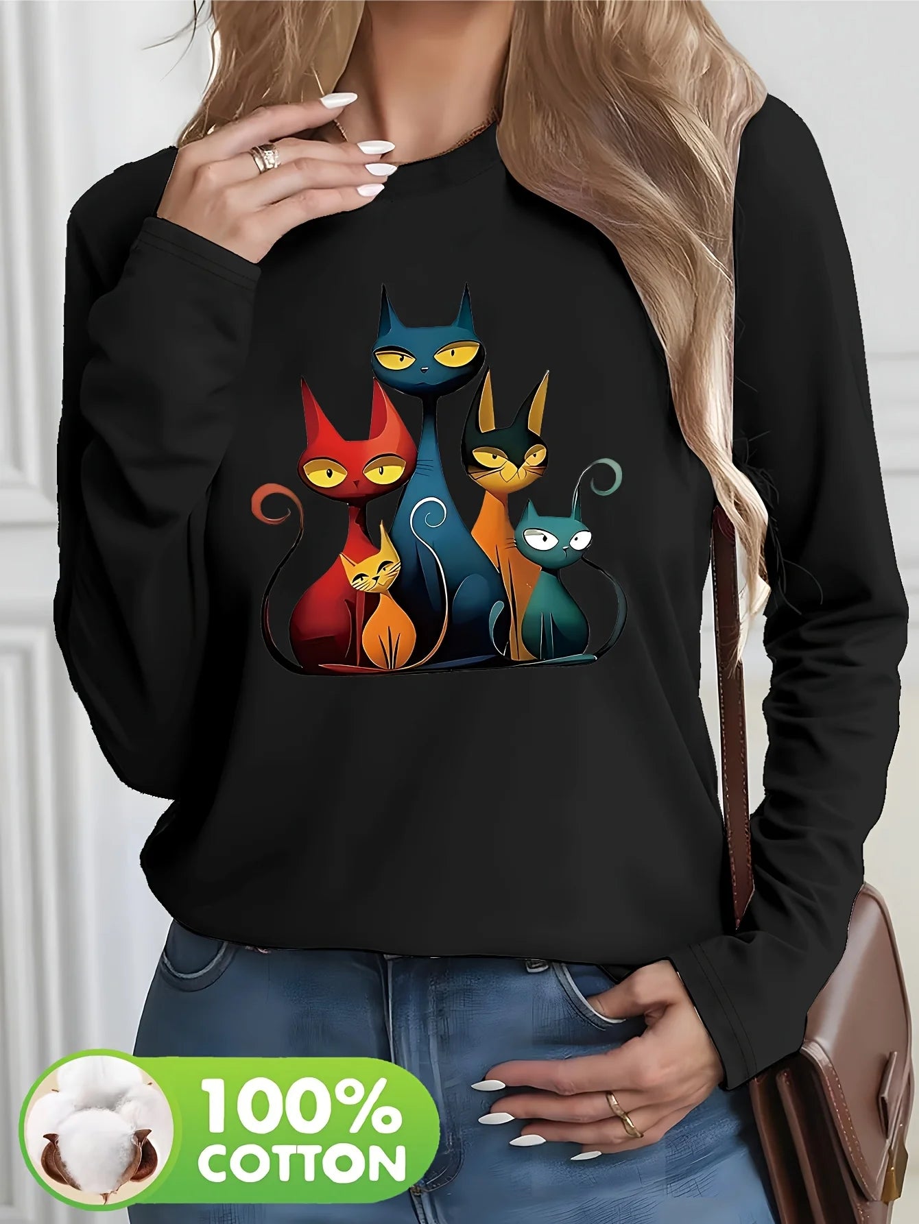 Women's autumn and winter 100% pure cotton fashionable casual heart-shaped printed round neck long sleeved T-shirt top