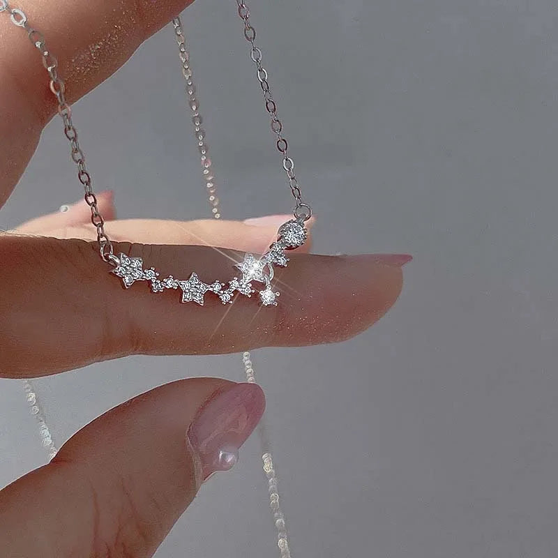 Y2K Shiny Star Necklace for Women Girls Silver Color Crystal Pendant Clavicle Chain Necklace Set Fashion New Trendy Party