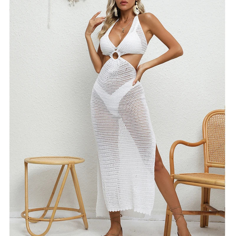 Women's Sexy Binding Rope Deep V Beach Cover-Up Knitting Halter Tunic Long Dress See-Through Summer Holiday Casual Beachwear