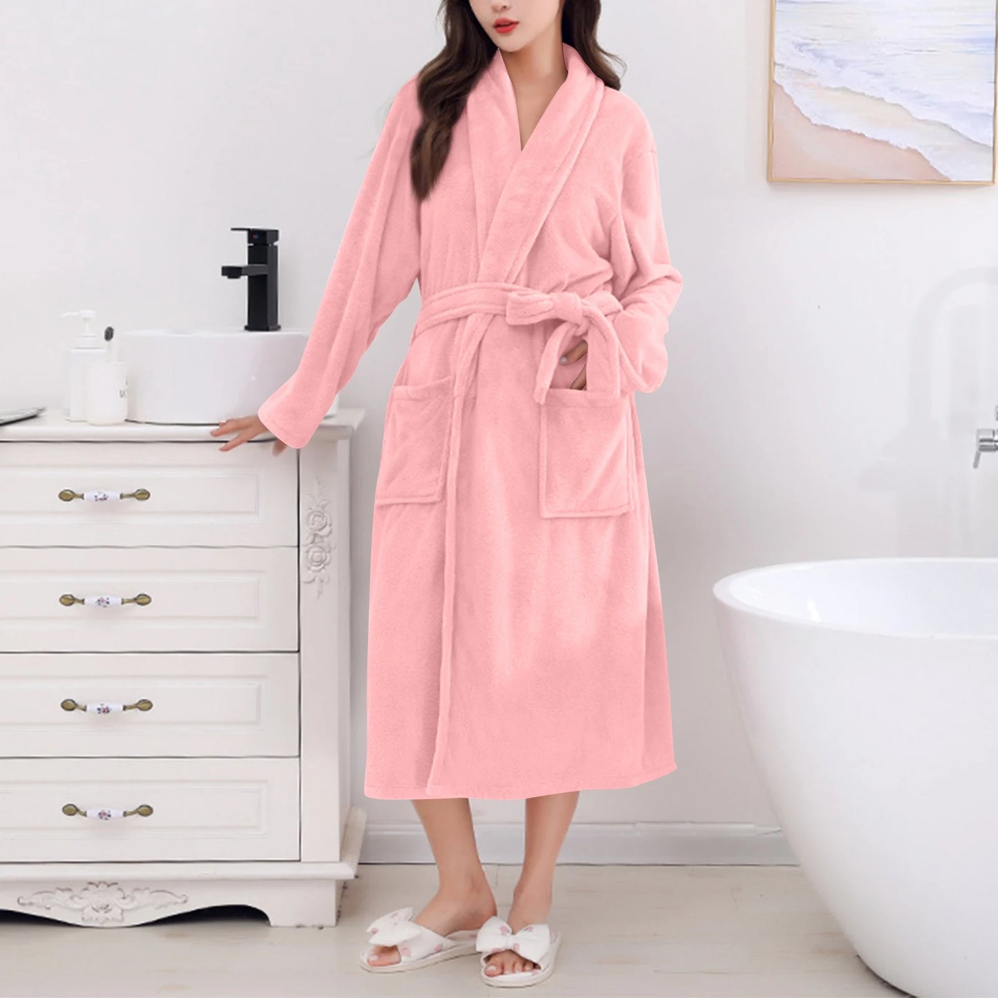 Women's Coral Fleece Robe Autumn Winter New Style Medium Length Home Indoor Wear Warmth Comfortable Sleepwear Nightgown