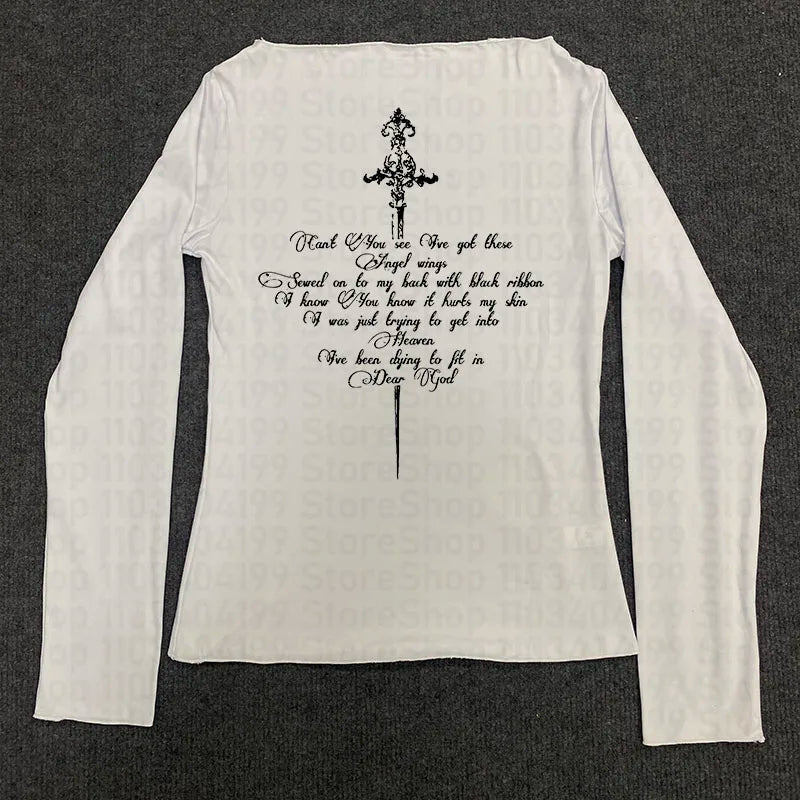 Y2k Aesthetics Crop Tops Graphic Printed T Shirt Fairycore Grunge Clothes Korean Fashion Harajuku Gothic Streetwear Long Sleeves