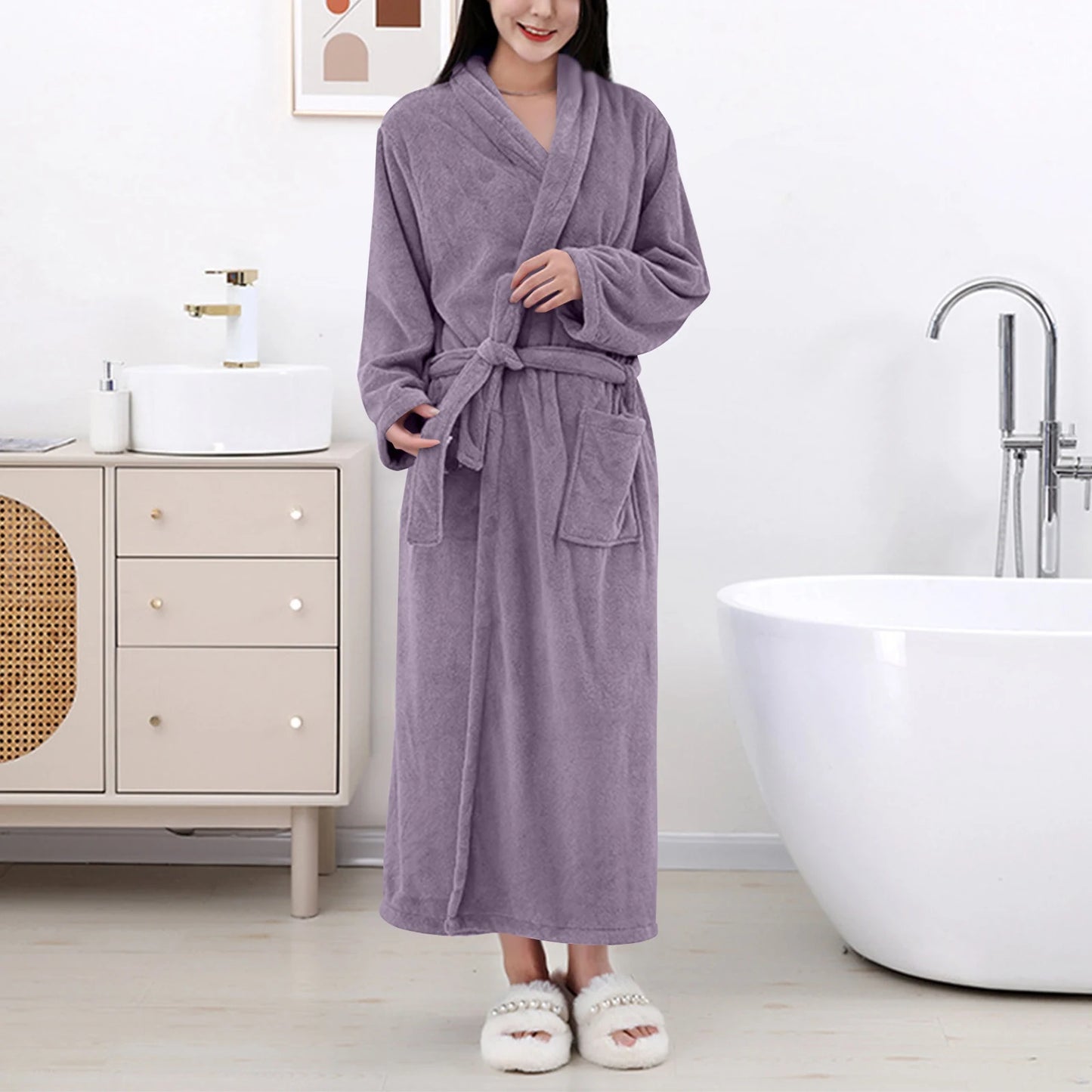 Women's Coral Fleece Robe Autumn Winter New Style Medium Length Home Indoor Wear Warmth Comfortable Sleepwear Nightgown