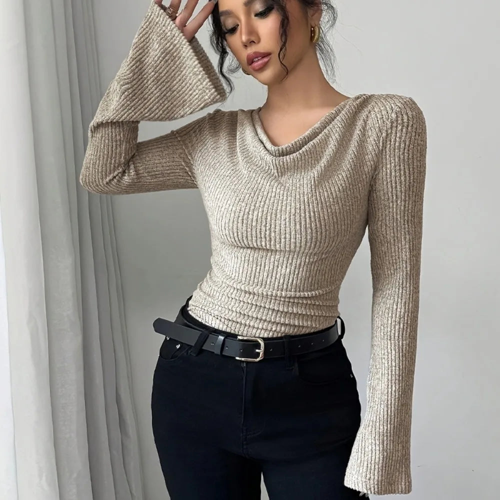 2025 Women Autumn Winter Long Sleeve Y2K Crop Top Trendy Off Shoulder Asymmetrical Fitted Knit V Neck Tee Shirts Tops Streetwear