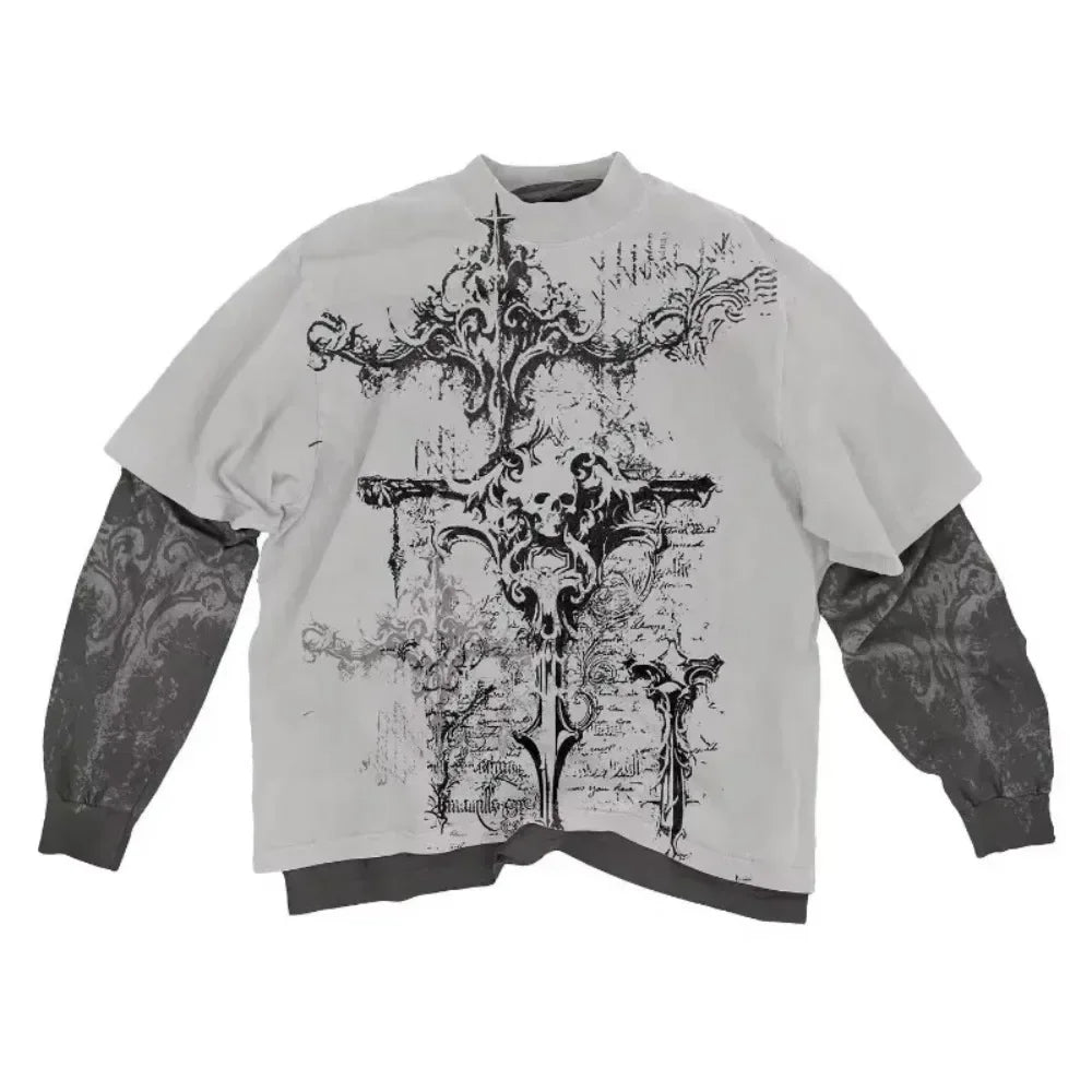 2000s American Skull Pattern Long sleeved T shirt Fashion Round Neck Oversized T shirt New Mens Casual Gothic Clothing Tops