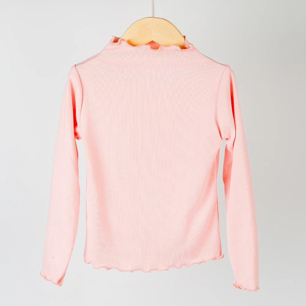 2025 Children's Clothing Autumn And Winter New Long Sleeved Girls' Base Fashion Collar Lace Solid Color Long Sleeved T-Shirt