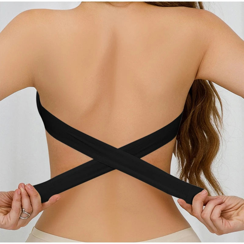 Women's Sexy Strapless Push Up Bra Removable Padded Seamless Ice Silk Top Women Invisible Beauty Back Anti-slip Off-shoulder Bra