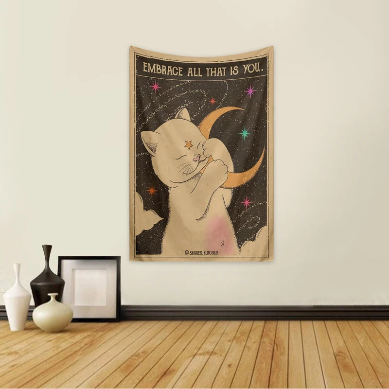 1pc Tarot Cat Tapestry, Moon Phase Sun Universe Starry Sky Tapestry, Cute Cat Wall Hanging