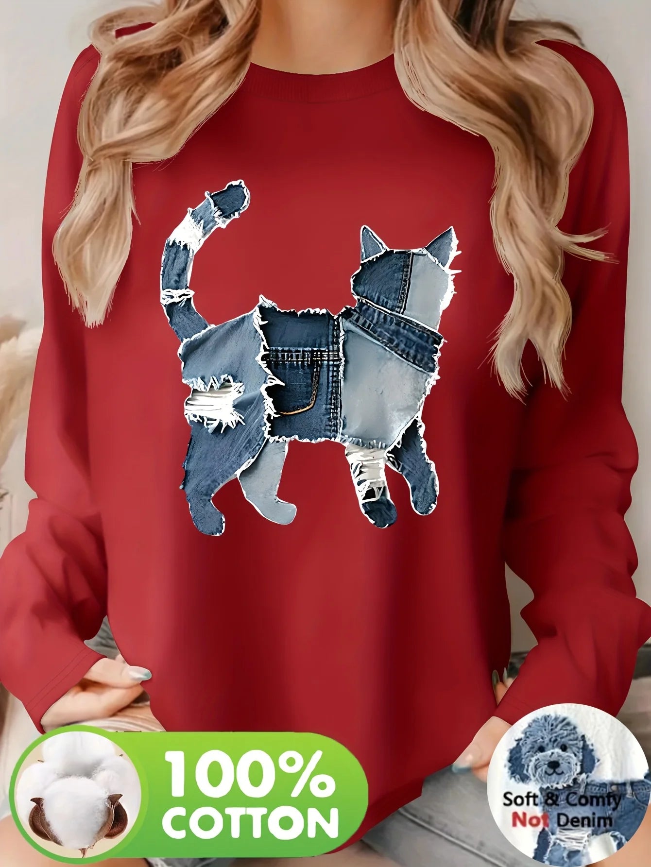 Women's autumn and winter 100% pure cotton fashionable casual heart-shaped printed round neck long sleeved T-shirt top