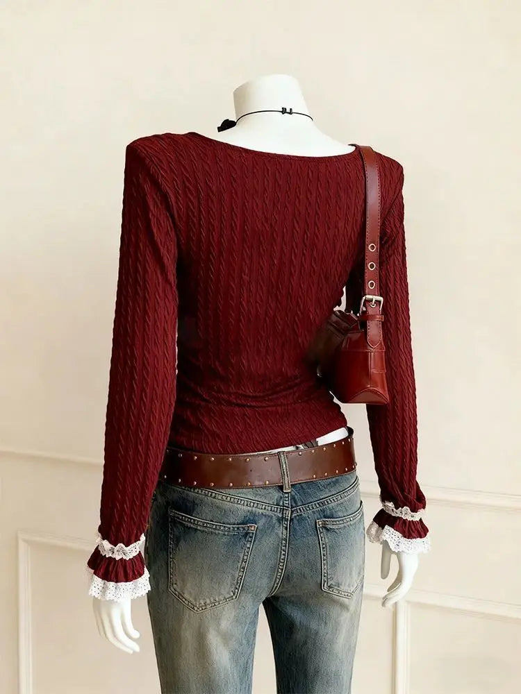 2026 New Spring Vintage Slim Y2k T-Shirts Women Warm France Design Retro Lace Patchwork Thin Skinny Long Sleeve Hot Girl Tees