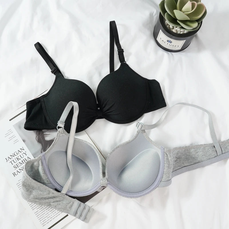 Women's Sexy Cotton Gathered Bra Deep V Underwire Ladied  Brassiere Push Up Lingerie Solid Bras Backless Intimate Underwear