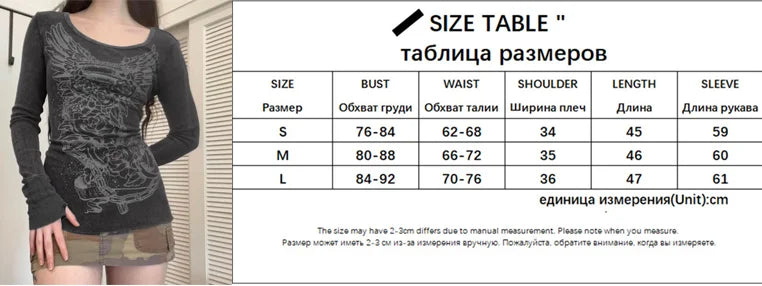 Y2K Grunge Cyber Mall Goth Thermal T-shirt Skulls Graphic Print Long Sleeve Pullovers Tops Women 90s Vintage Aesthetic Tees