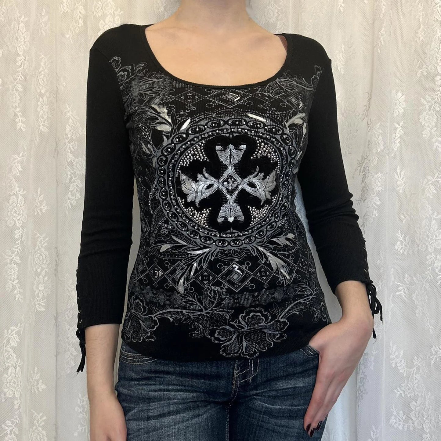 2000s Y2K Cyber Grunge Vintage T-shirt Graphic Print O Neck Long Sleeve Tee Women Slim Fit Crop Tops EGirl Skater Emo Streetwear