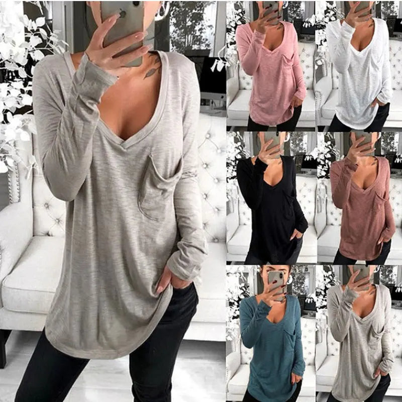 Women's Solid Color Fashion V-neck Long Sleeved T-shirt Ladies Casual Simple T-shirt