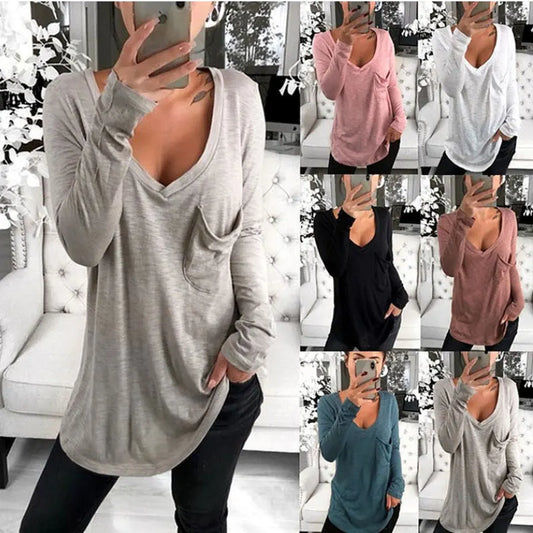 Women's Solid Color Fashion V-neck Long Sleeved T-shirt Ladies Casual Simple T-shirt
