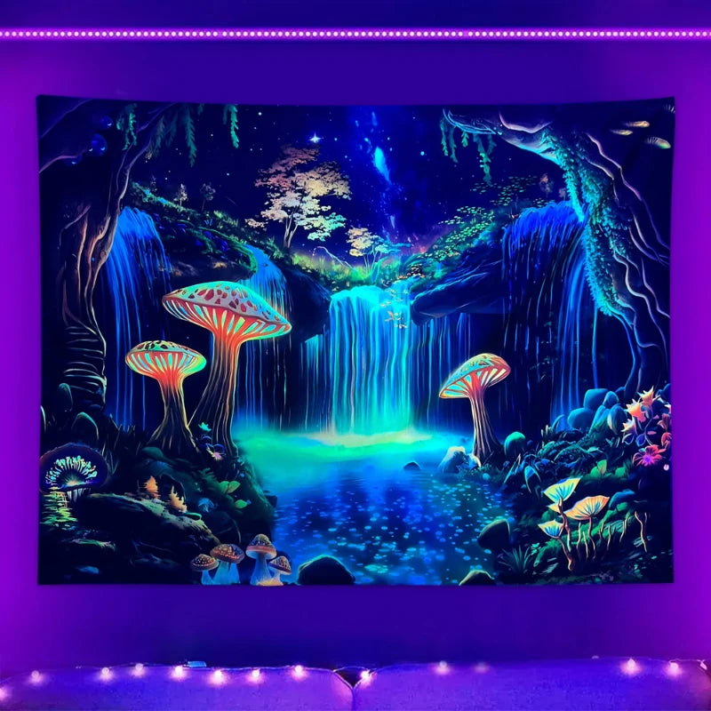 1pc Fluorescent fantasy mushroom forest tapestry, UV responsive waterfall landscape tapestry, psychedelic starry sky tapestry