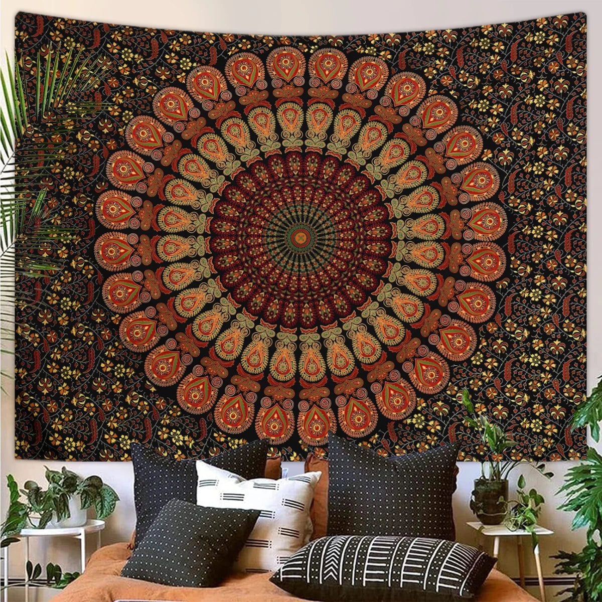 1pc Bohemian Mandala Tapestry, Retro Plant Flower psychedelic Tapestry, Hippie Style Room Decoration Wall Hanging