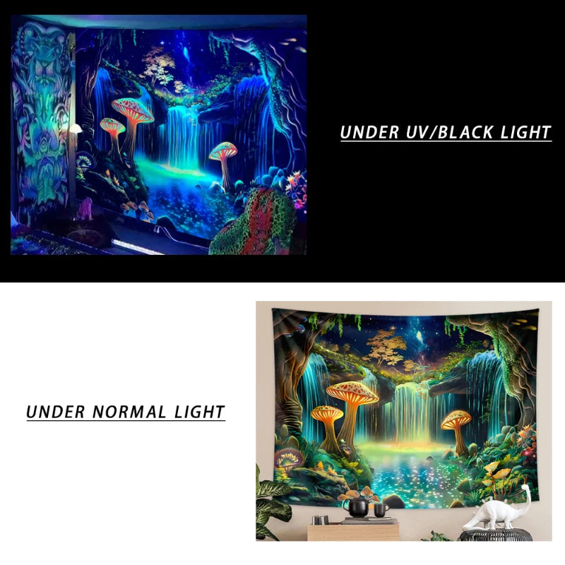 1pc Fluorescent fantasy mushroom forest tapestry, UV responsive waterfall landscape tapestry, psychedelic starry sky tapestry