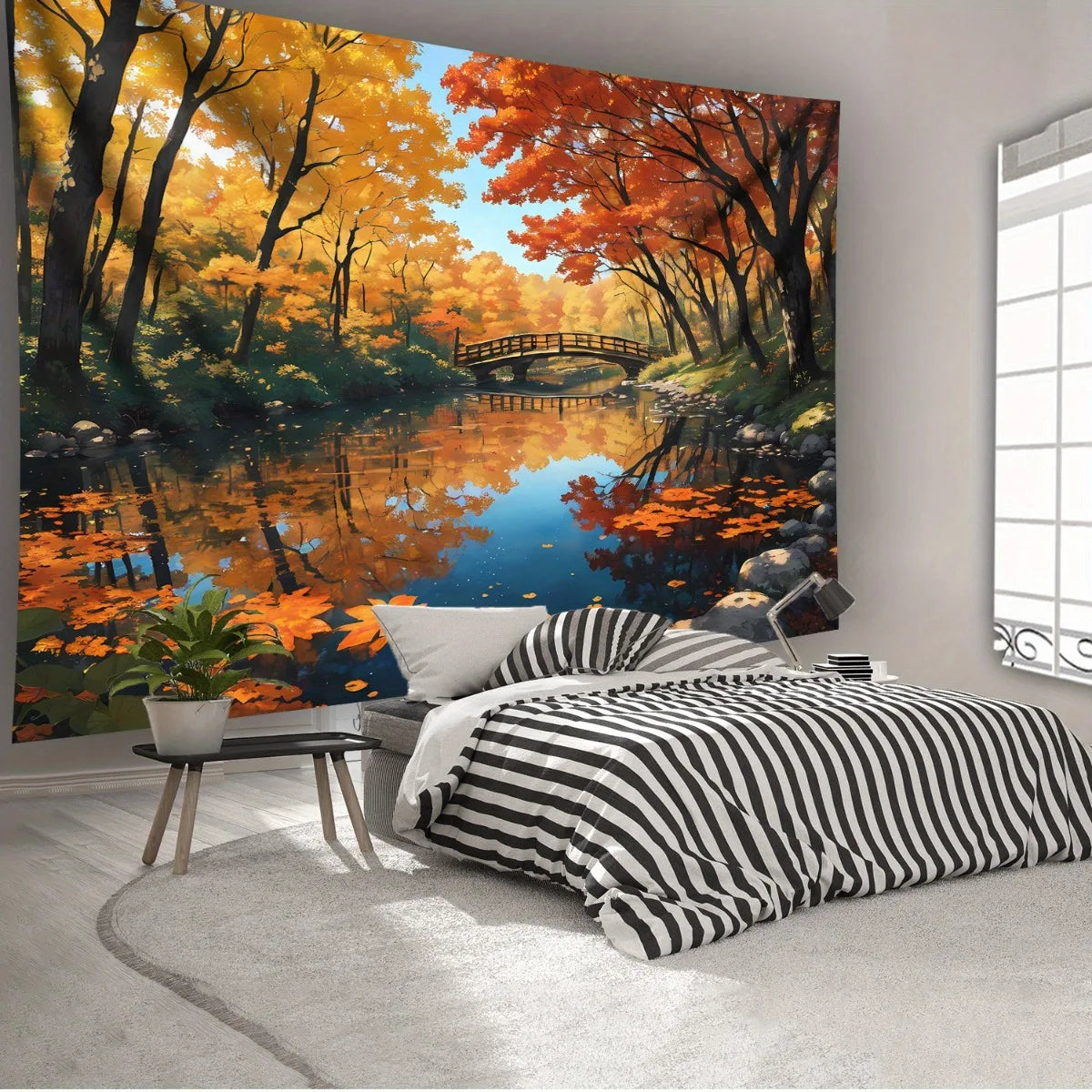 1pc Large Autumn Forest Lake Tapestry Wall Hanging - Realistic Fall Foliage Maples & Birch Trees with Chequered Sofa & Bridge, G
