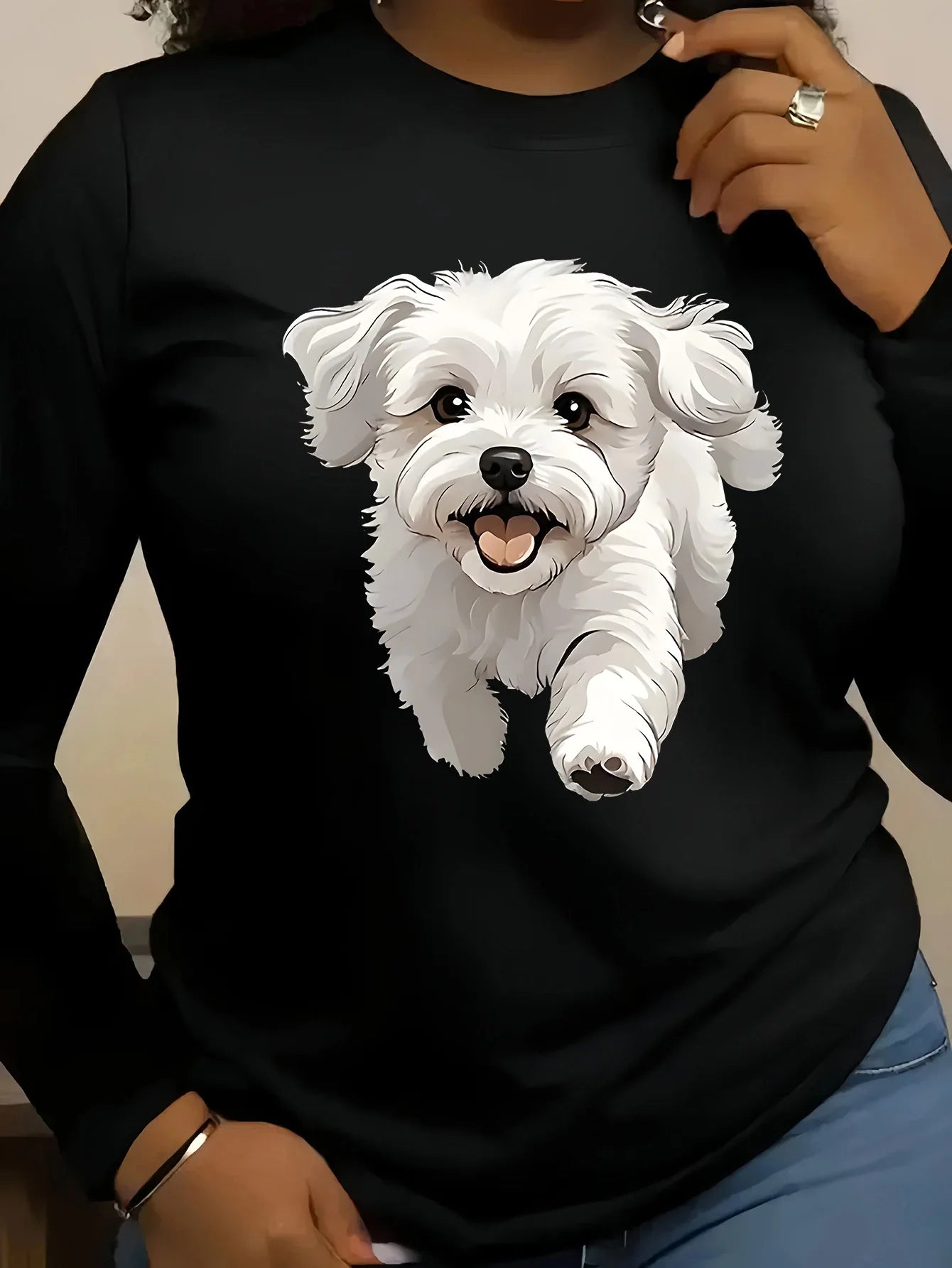 Women's Spring and Autumn 100% Cotton Fashion Casual Loose Leopard Pattern Heart Pattern Printed Round Neck Long Sleeve T-shirt