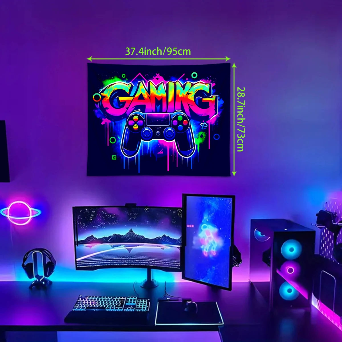 1pc Game controller fluorescent tapestry, UV reactive tapestry, e-sports room, e-sports club background decoration wall hanging