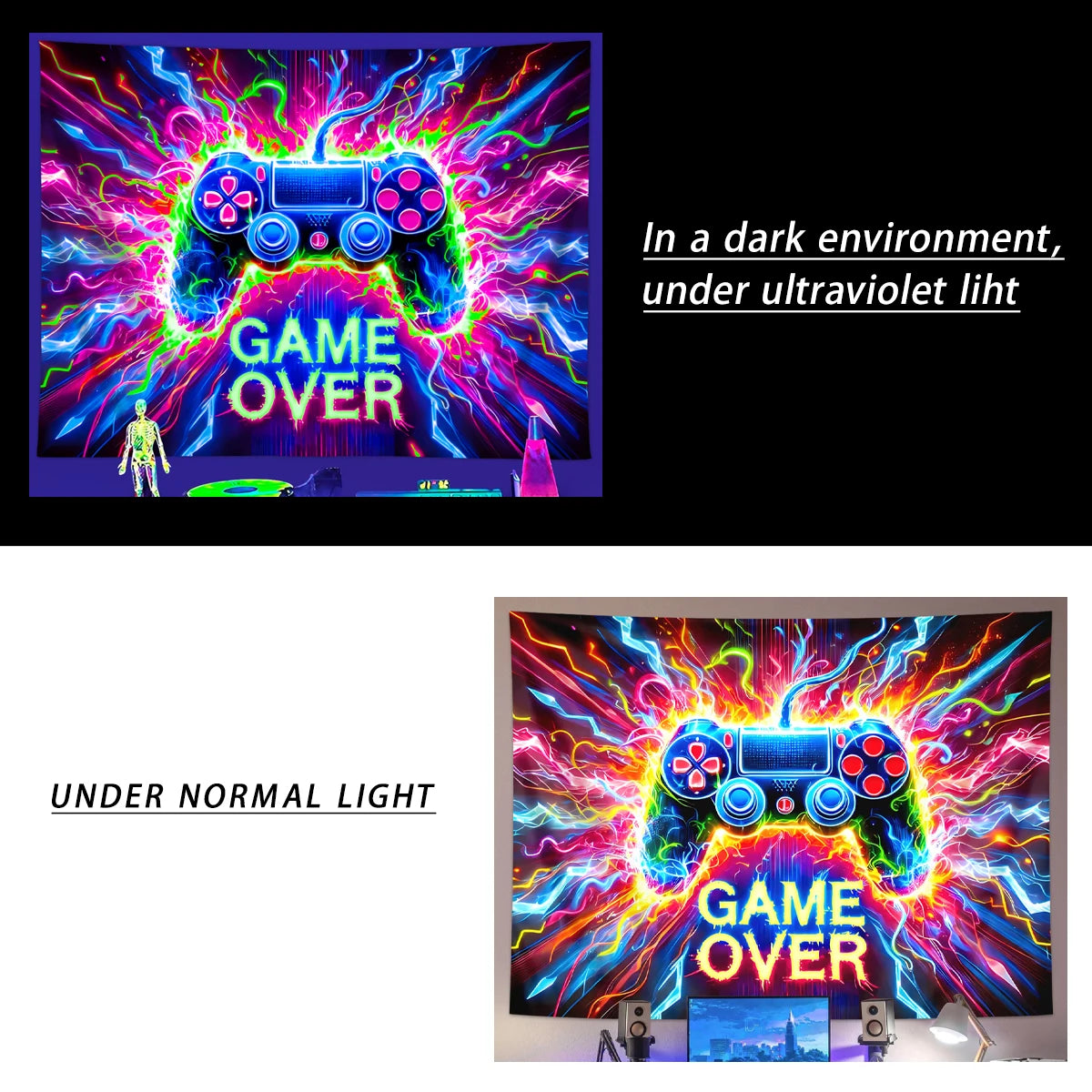 1pc Game controller fluorescent tapestry, UV reactive tapestry, e-sports room, e-sports club background decoration wall hanging