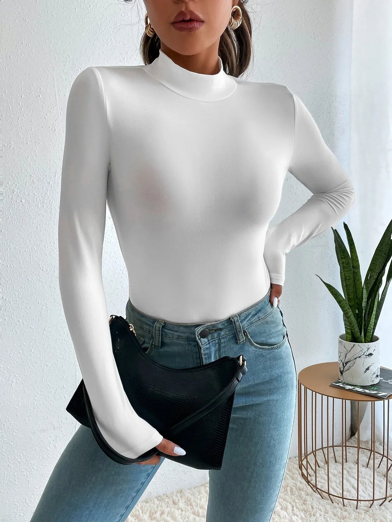 Women's Plain Mock Neck Tight Long Sleeve Tee, Casual Long Sleeve T-Shirt for Fall and Winter, Women's Clothes for Daily Wear