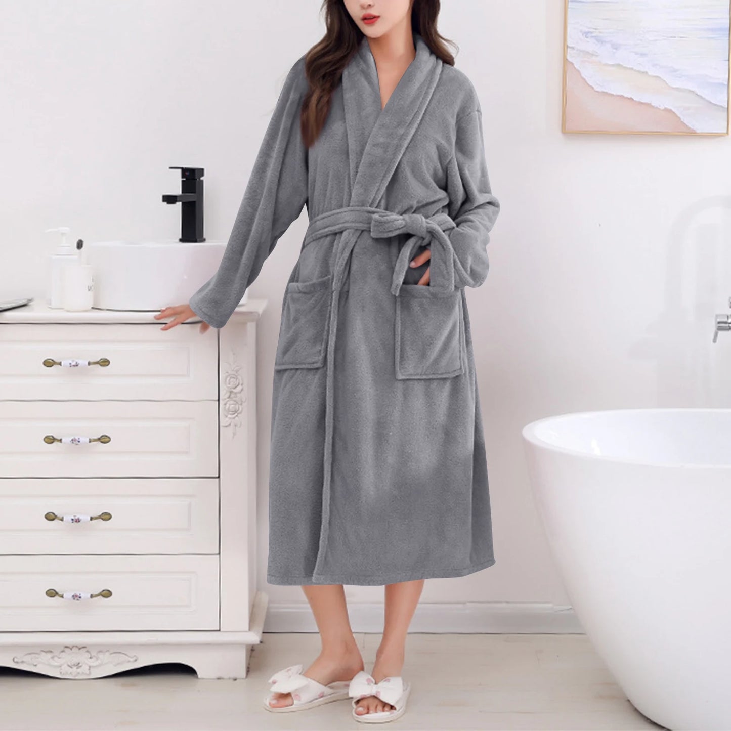 Women's Coral Fleece Robe Autumn Winter New Style Medium Length Home Indoor Wear Warmth Comfortable Sleepwear Nightgown
