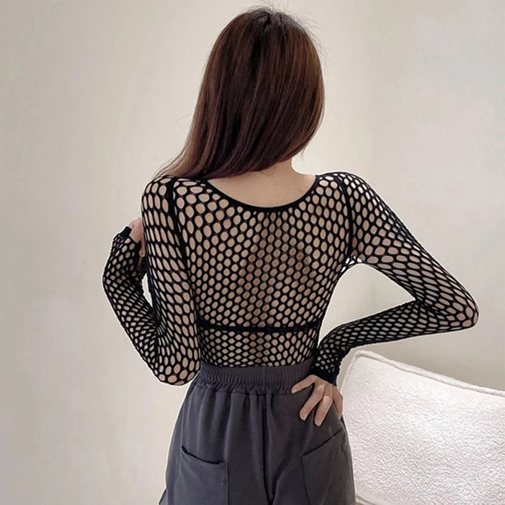Womens Sexy Mesh Long Sleeve Fishnets Tops Fun Fashion Slim Fit Tops  Hollow Out See Through Loose Female T-shirts Crop soft Top
