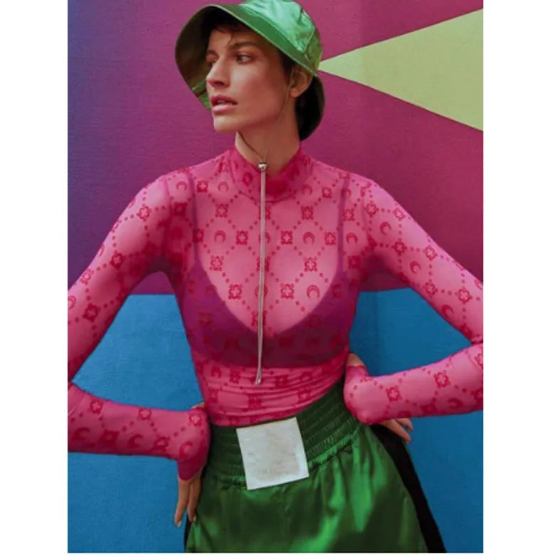 Women Tshirt Long Sleeve Korean Sexy Sweet Spicy Top Hollow Out Mesh Plush Moon Print Street Shorts Mushroom Edge Tight Fit