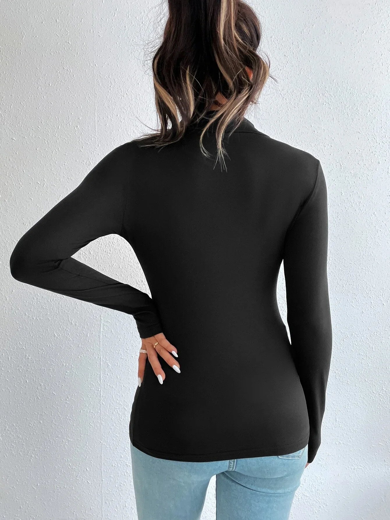 Women's Plain Mock Neck Tight Long Sleeve Tee, Casual Long Sleeve T-Shirt for Fall and Winter, Women's Clothes for Daily Wear