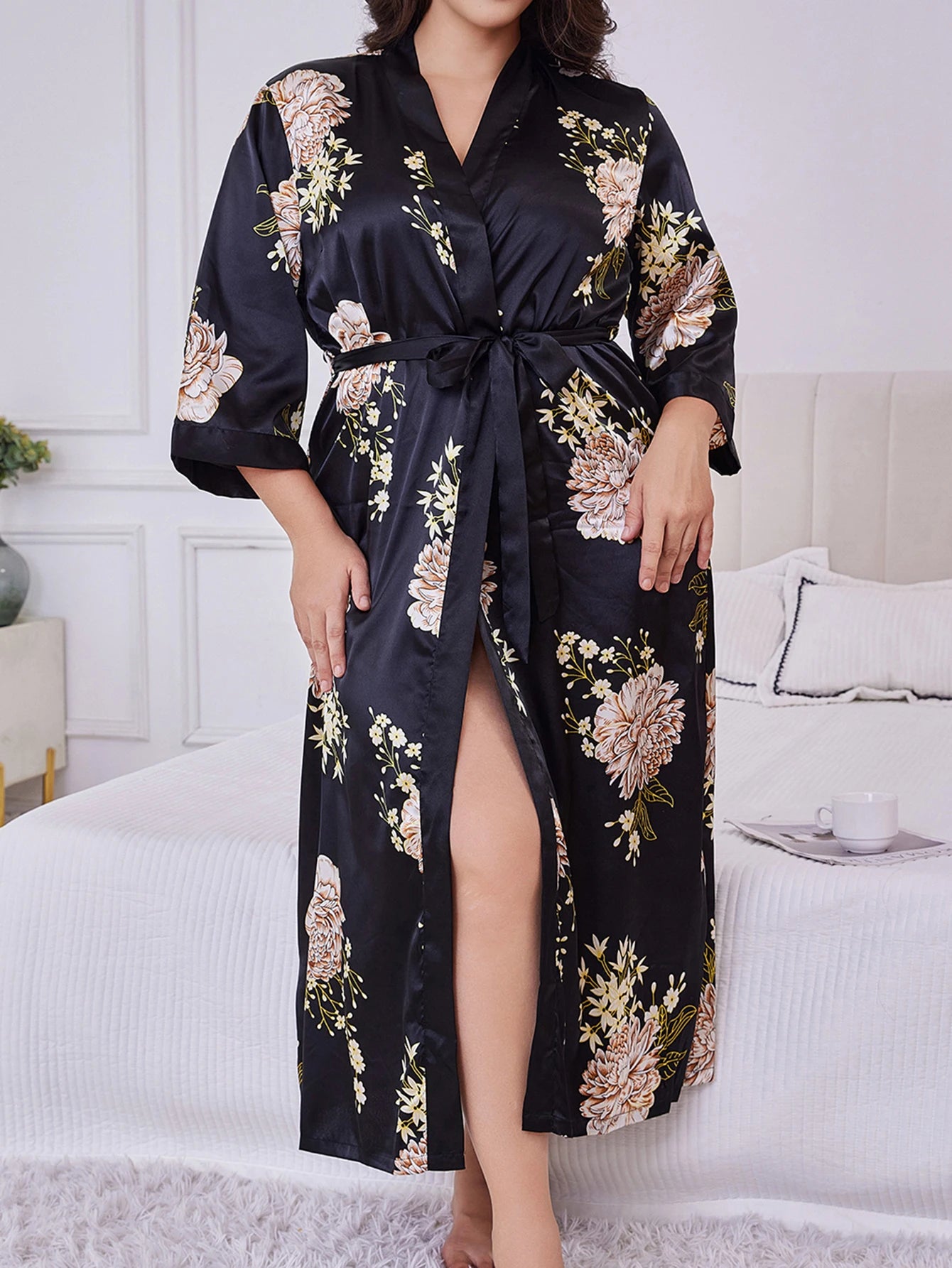 Women's Plus Size Belted Silk Robe Lightweight Random Floral Print Loose Long Sleepwear Fall Winter Loungewear for Curvy Home
