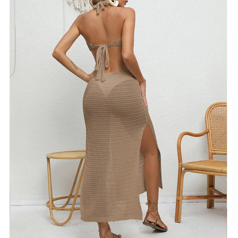 Women's Sexy Binding Rope Deep V Beach Cover-Up Knitting Halter Tunic Long Dress See-Through Summer Holiday Casual Beachwear