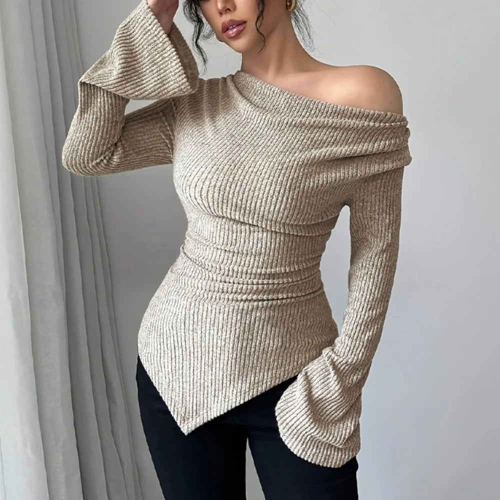 2025 Women Autumn Winter Long Sleeve Y2K Crop Top Trendy Off Shoulder Asymmetrical Fitted Knit V Neck Tee Shirts Tops Streetwear
