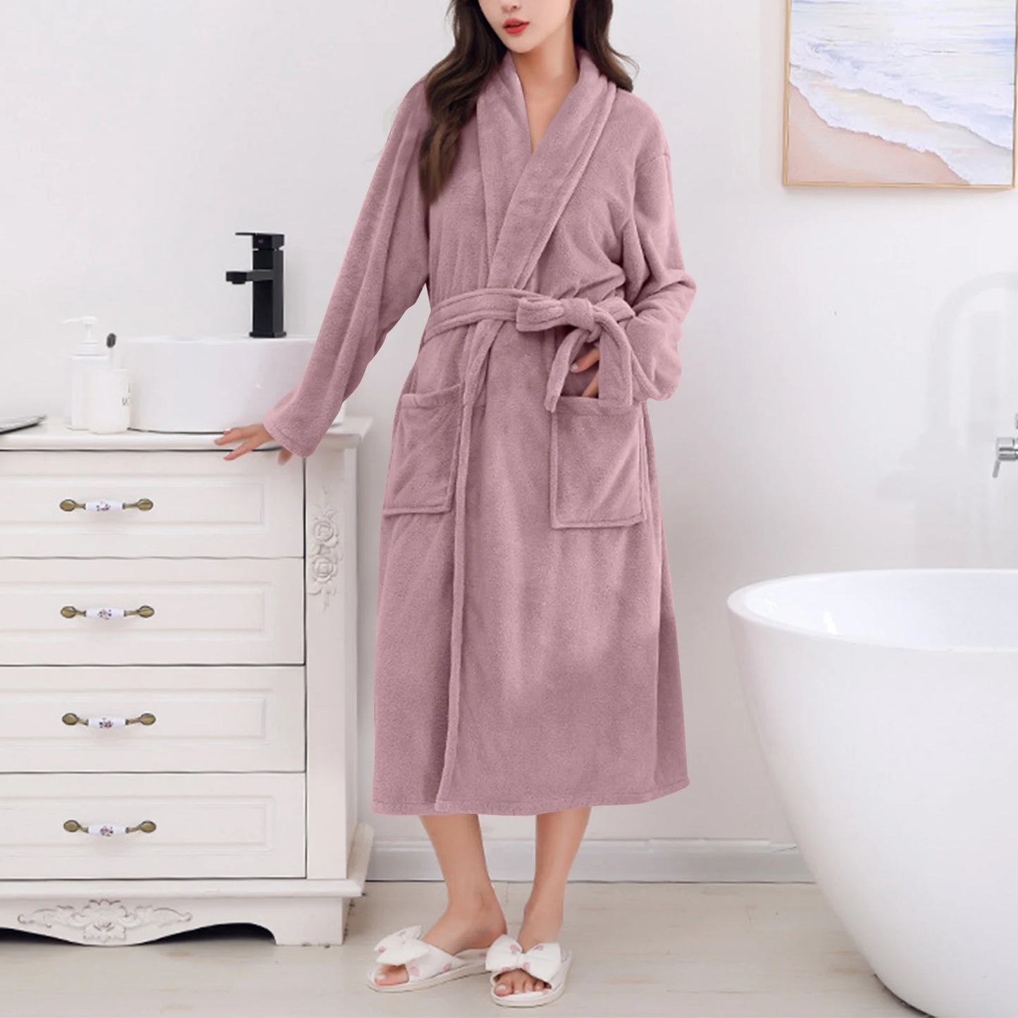 Women's Coral Fleece Robe Autumn Winter New Style Medium Length Home Indoor Wear Warmth Comfortable Sleepwear Nightgown