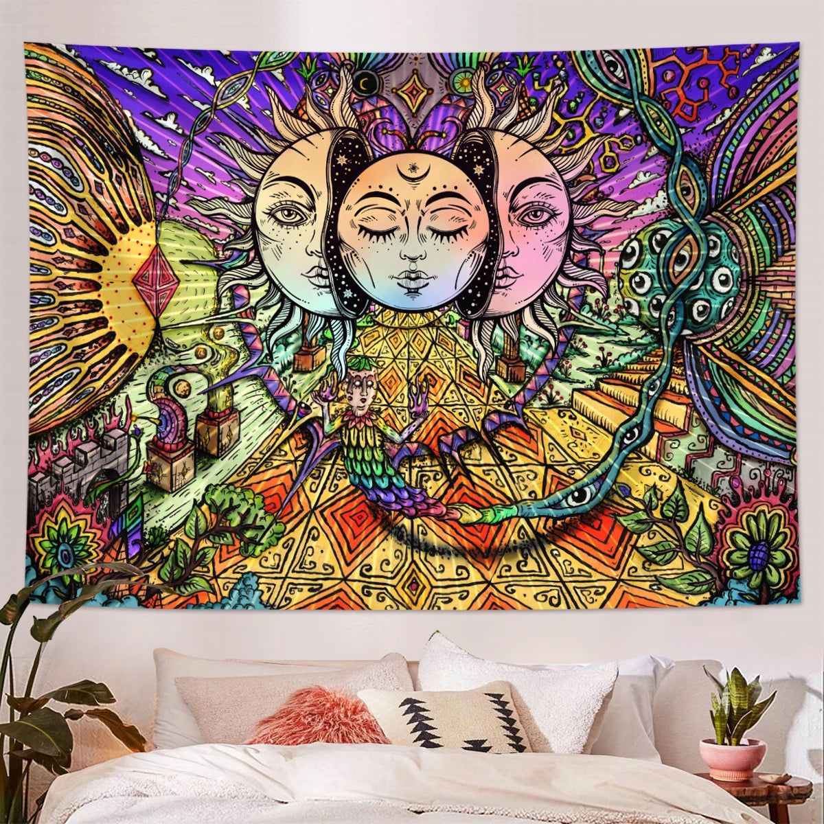 1pc Bohemian Mandala Tapestry, Retro Plant Flower psychedelic Tapestry, Hippie Style Room Decoration Wall Hanging