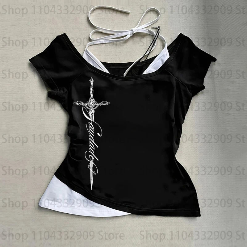 Y2K Harajuku Aesthetic Gothic Fairycore Long Sleeve Tee Character Slim Chic Print Casual Crop Top Grunge Punk Hip Hop Streetwear