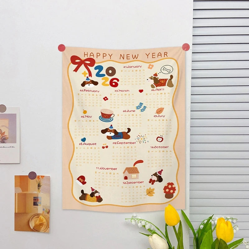 2026 New Year Tapestry 2026 Calendar Backdrop Cloth Dormitory Bedroom Decorative Background Cloth INS Wall Hanging Blanket